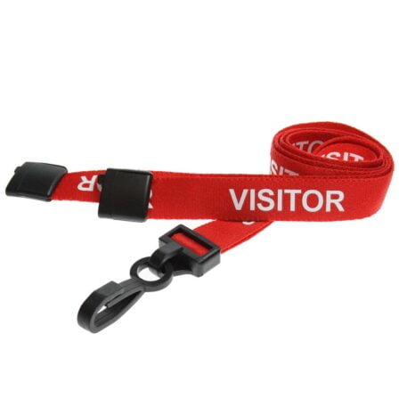 Red Visitor Lanyards 15mm with Plastic J Clip & Safety Breakaway